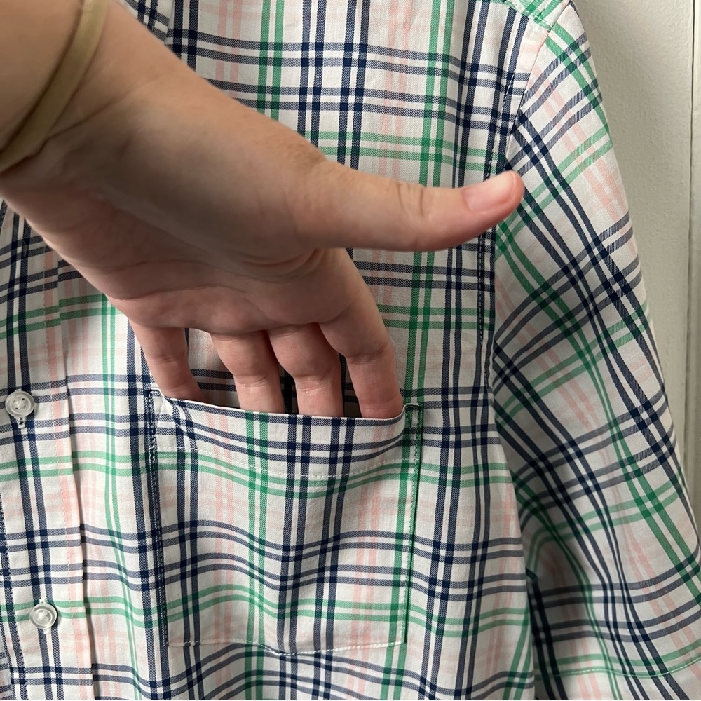George- Men’s Short Sleeve Button Down- White Pink Green Plaid- Large - Picture 5 of 9